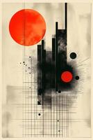 Abstract geometric artwork featuring bold red circles and sharp black lines, creating a striking visual contrast. photo