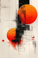 An abstract design featuring black and orange circles, geometric patterns, and dynamic lines, exuding modernity and creativity. photo