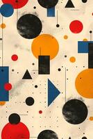 A vibrant abstract pattern featuring geometric shapes in red, blue, yellow, and black on a soft beige background. photo