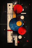 An abstract composition featuring bold shapes in red, blue, and yellow on a dark background, evoking a sense of modernity and creativity. photo