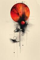 Abstract art featuring a large red planet against a minimalist background with geometric lines and shapes. photo