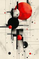 An abstract geometric artwork featuring bold circles and lines in red, black, and white, creating a striking visual contrast. photo