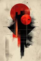 A striking abstract composition featuring bold red circles and geometric shapes against a muted background. photo