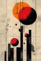 Abstract art featuring bold circles and vertical lines in red, black, and orange tones, creating a striking visual impact. photo