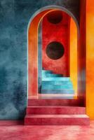A vibrant abstract staircase featuring colorful arches and geometric shapes. photo