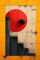 An abstract mural featuring a large red circle against a yellow background, with dark geometric shapes creating a dynamic contrast. photo