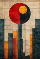 Abstract geometric mural featuring vibrant colors, highlighted by large circles and rectangular shapes. photo