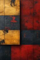 An abstract composition featuring a textured blend of red, black, and gold panels that create a striking visual contrast. photo
