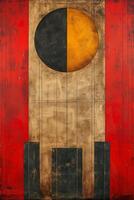 An abstract artwork featuring geometric shapes with a bold red background, creating a striking visual impact. photo