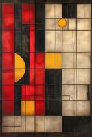 Abstract stained glass design featuring bold geometric shapes in red, yellow, and black hues, creating a modern aesthetic. photo