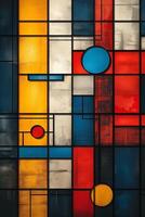 Geometric abstract art featuring blue, red, yellow, and white shapes in a grid layout. photo