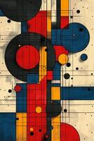 A vibrant abstract composition featuring geometric shapes in red, blue, and yellow against a cream background. photo
