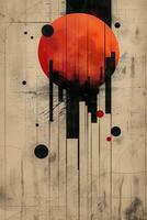 Abstract geometric art featuring a bold red sun and vertical lines against a textured background. photo