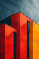 Vibrant red and yellow apartment buildings under a moody sky, showcasing modern architecture and striking color contrasts. photo