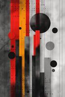Abstract composition showcasing vertical lines and geometric shapes in red, yellow, and black tones. photo