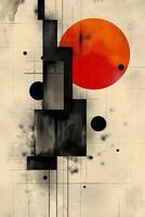 Abstract geometric artwork featuring bold black shapes and a striking red circle on a textured beige background. photo