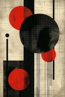 A dynamic abstract composition featuring bold red and black geometric shapes against a textured beige backdrop. photo