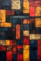 An abstract wall art piece featuring geometrically arranged blocks in vibrant hues of red, blue, yellow, and gold. photo