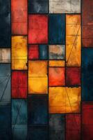 An abstract composition featuring vibrant blocks of red, yellow, orange, and blue, creating a dynamic interplay of colors and textures. photo
