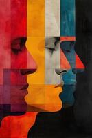 Three abstract profiles in vibrant colors, showcasing diverse emotional expressions and artistic styles. photo