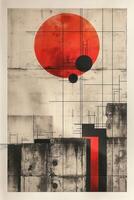 An abstract composition featuring a bold red circle against a textured concrete backdrop, creating a striking visual contrast. photo