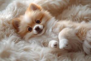 Adorable fluffy Pomeranian puppy resting on a cozy white blanket, showcasing its playful demeanor and bright eyes. photo