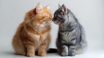 Two affectionate cats, an orange tabby and a gray tabby, share a tender moment as they touch noses against a soft background. photo