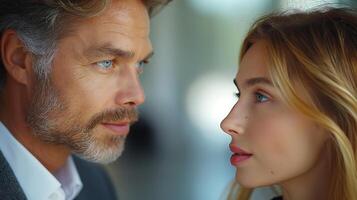A striking close-up of a man and woman gazing into each other's eyes, featuring contrasting features and captivating expressions. photo