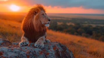 Majestic lion gazing over the savanna at sunset, showcasing its magnificent mane and regal presence. photo