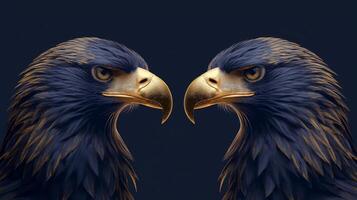 Two majestic eagles face each other, showcasing their fierce eyes and sharp beaks against a dark background. photo