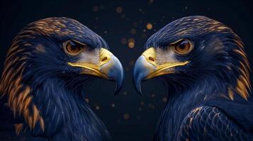 Two majestic golden eagles face each other, showcasing their piercing eyes and powerful beaks against a dramatic dark background. photo