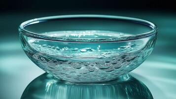 A close-up of a glass bowl filled with water, showcasing trapped air bubbles and a captivating turquoise hue. photo