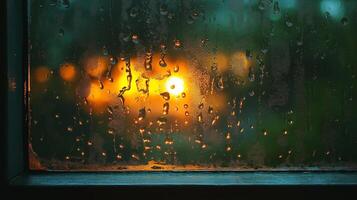 A close-up of raindrops on a window, creating a blurred view of warm lights outside, evoking a cozy, rainy evening atmosphere. photo