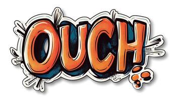 Vibrant graphic text 'OUCH' in bold orange and blue, embodying a comic book style with dynamic effects. photo