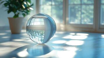 A tranquil glass sphere reflecting natural light in a serene indoor setting. photo