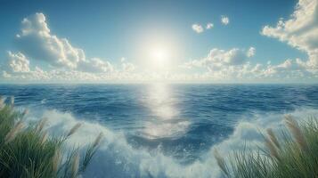 A serene view of the ocean at sunrise, with gentle waves and soft grasses framing the scene. photo