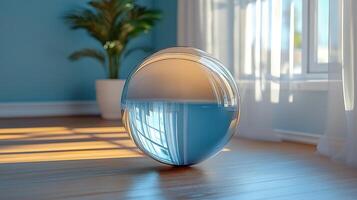 A serene glass sphere reflecting light in a bright, airy room, enhancing the cozy atmosphere. photo