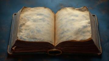 An ancient, open book with yellowed pages rests against a textured background, evoking a sense of history and mystery. photo