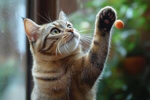 A playful domestic cat reaching for a treat with its paw, capturing a moment of curiosity and joy. photo