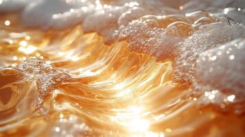Golden waves shimmer under the sunlight, creating a captivating abstract scene of water fluidity. photo
