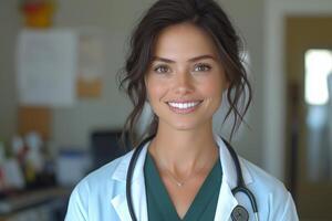 Smiling female doctor in scrubs, exuding confidence and care in a bright medical office. photo