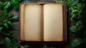 An open, blank book surrounded by vibrant green foliage, inviting creativity and imagination. photo