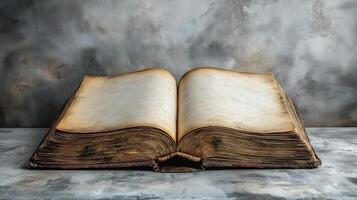 An antique open book with worn pages, resting on a textured surface, evoking a sense of history and wisdom. photo