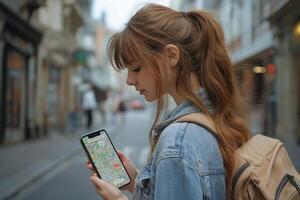 A young Caucasian woman with long brown hair checks her phone's map in a trendy urban street, exuding curiosity and focus. photo