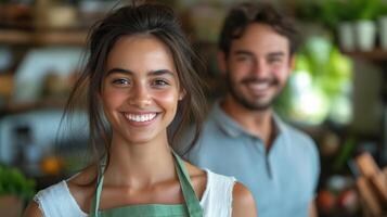 A young woman of mixed ethnicity smiles brightly while wearing an apron, with a supportive man in the background. photo