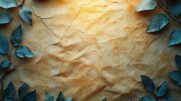 Rustic background with textured parchment paper and green leaves, evoking a natural and organic feel. photo