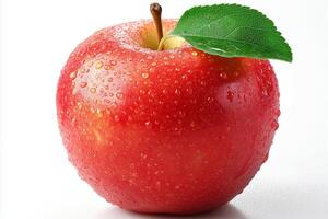 Fresh and vibrant red apple with droplets of water and a green leaf, showcasing natural beauty and freshness. photo