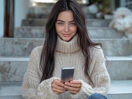 Young woman with long dark hair in a cozy sweater, smiling while using her smartphone on outdoor steps. photo