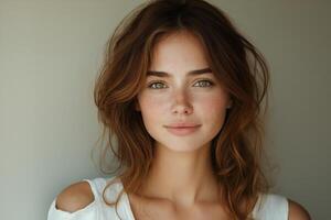 A young Caucasian woman with freckled skin and green eyes, exuding a natural beauty and confidence in a soft-lit portrait. photo