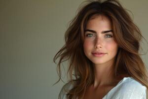A young Caucasian woman with striking green eyes and long, flowing brown hair, exudes natural beauty and confidence. photo